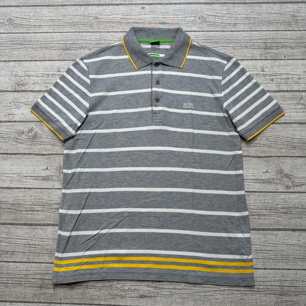 Hugo Boss Polo Shirt Men's XL Gray Striped Short Sleeve Cotton Preppy Athleisure